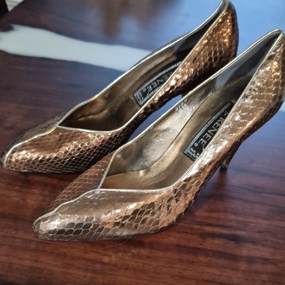 J.Renee Metallic Bronze Snake-Embossed Pointed Pumps